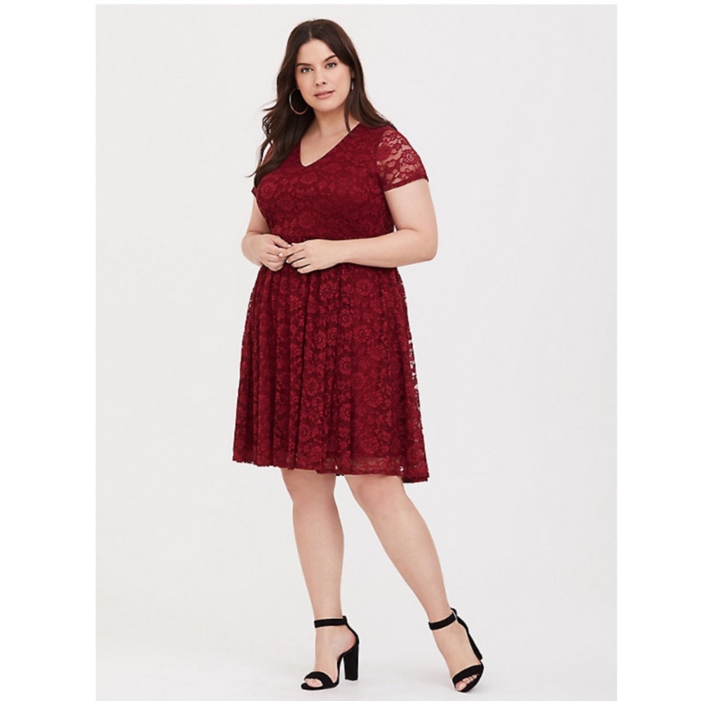 RED LACE V-NECK SKATER DRESS